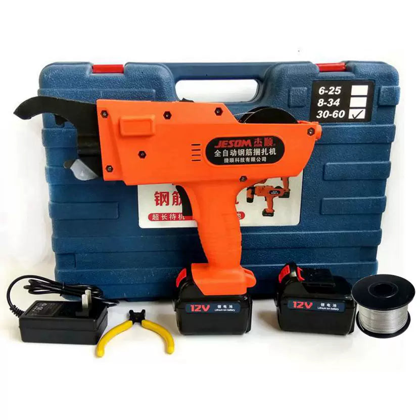 Paket alat ikat besi beton otomatis 30-60 mm dengan dua baterai, pengisi daya, kawat ikat, dan kasing pembawa