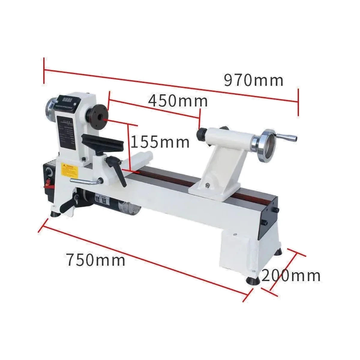 JWL-1218VD wood lathe dimension callout showing 450 mm processing length and product size markers