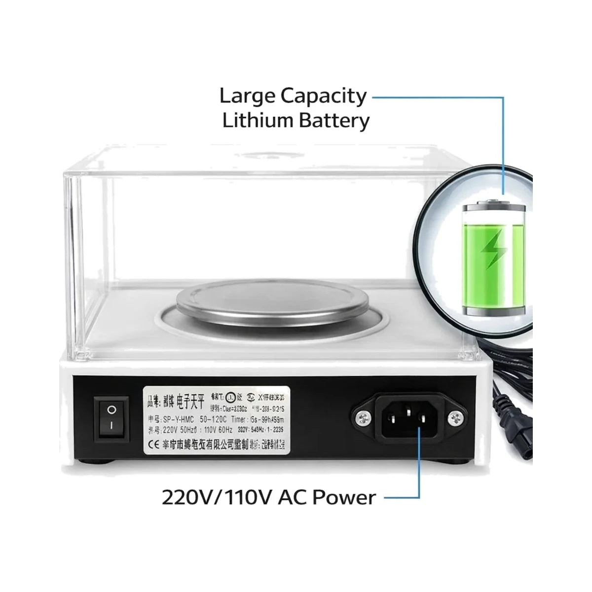 Rear view of 1000g x 0.01g rechargeable balance showing 110V 220V AC power and lithium battery