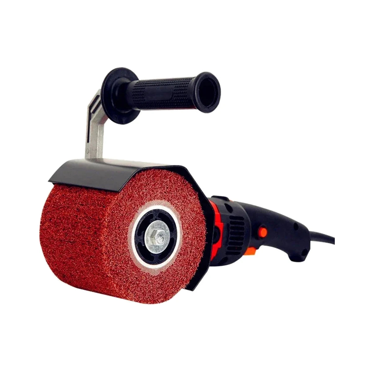 Electric burnishing polishing machine with red abrasive drum on white background