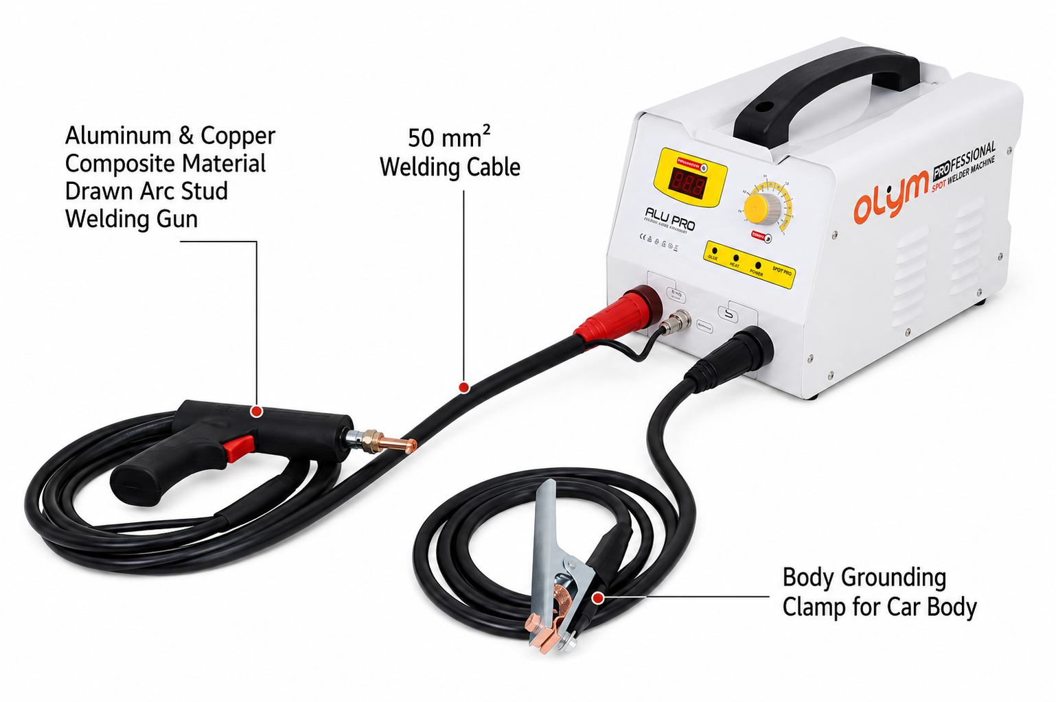 OLYM M15 aluminum stud welder with 50 mm2 welding cable and car body grounding clamp