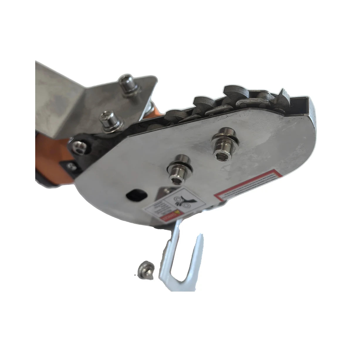 Close-up of chain wheel and stripping head on carton waste stripper