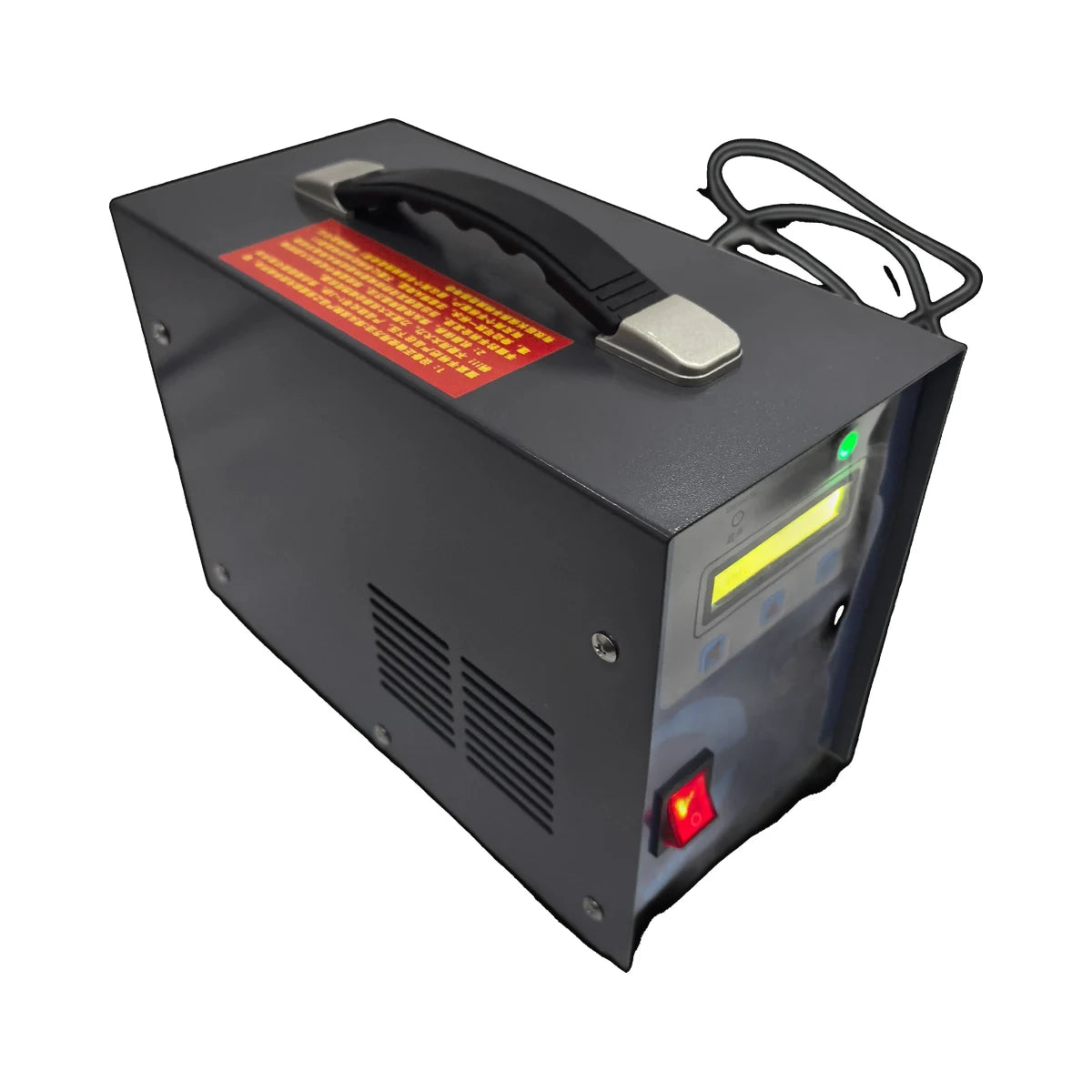 Side view of 1500W ultrasonic plastic spot welder control unit on white background