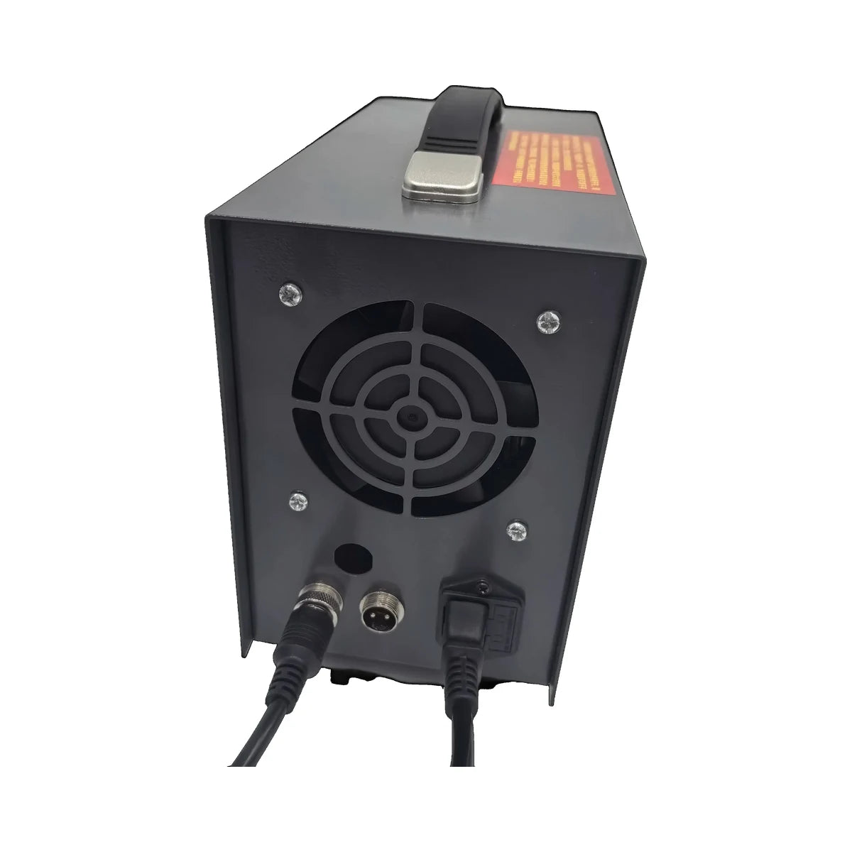 Rear panel of 1500W ultrasonic plastic spot welder with fan and power ports on white background