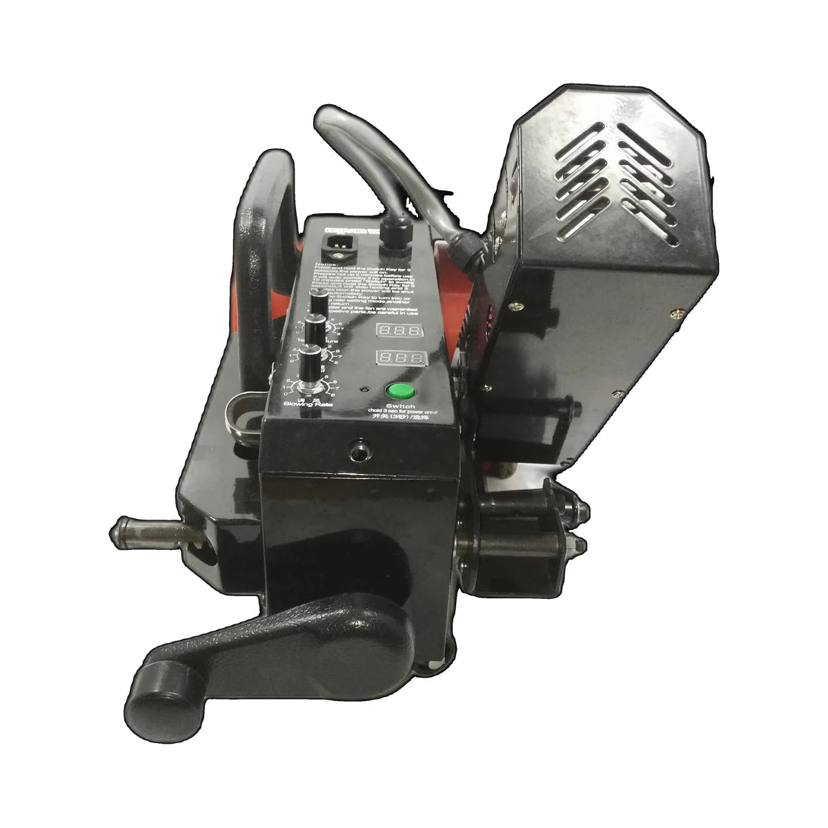Rear view of 2000W PVC banner welding machine with fan guard and handle
