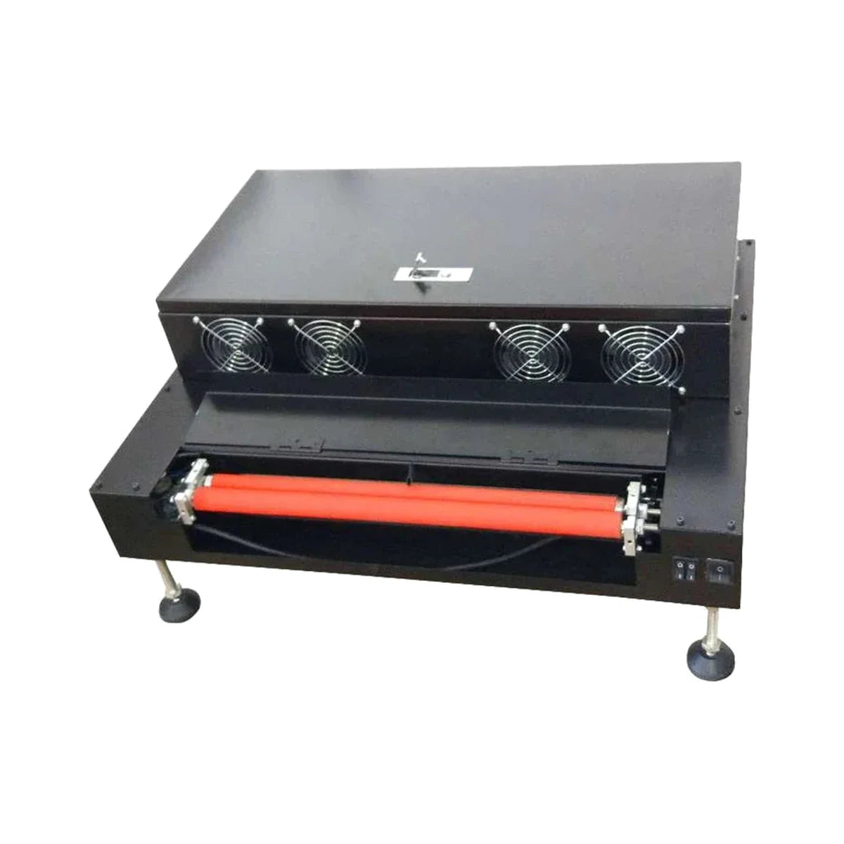 Desktop UV coating laminator open roller and feed area
