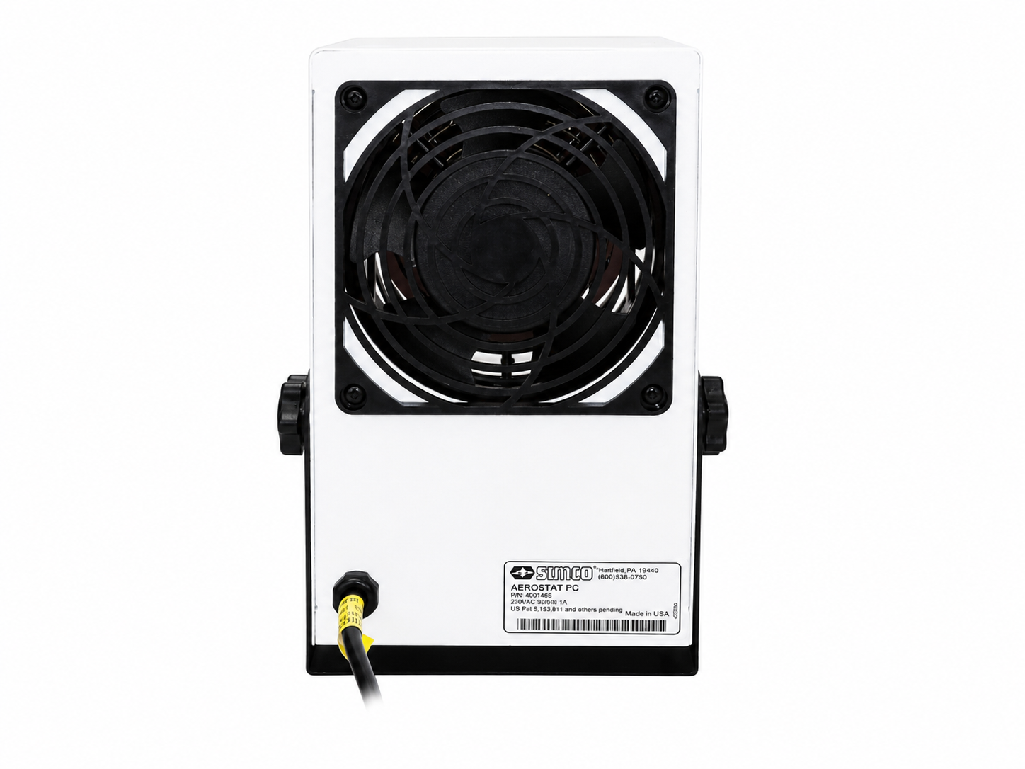 Rear view of SIMCO Aerostat PC ionizer fan with 220VAC label