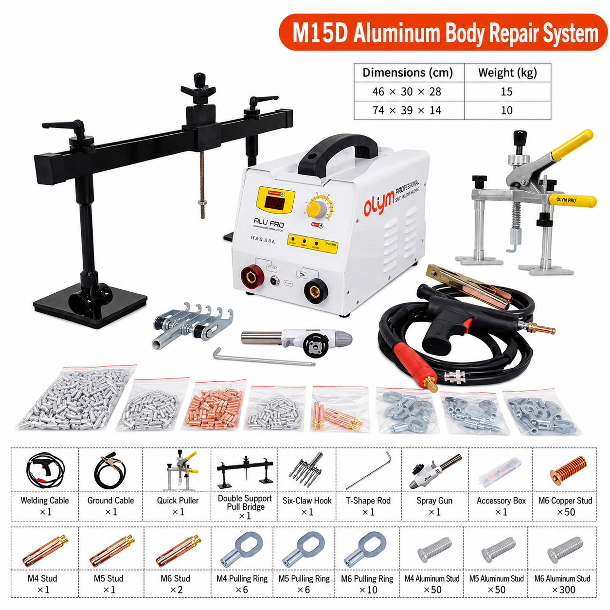 M15D aluminum body repair system kit with pull tools, stud accessories and dimensions