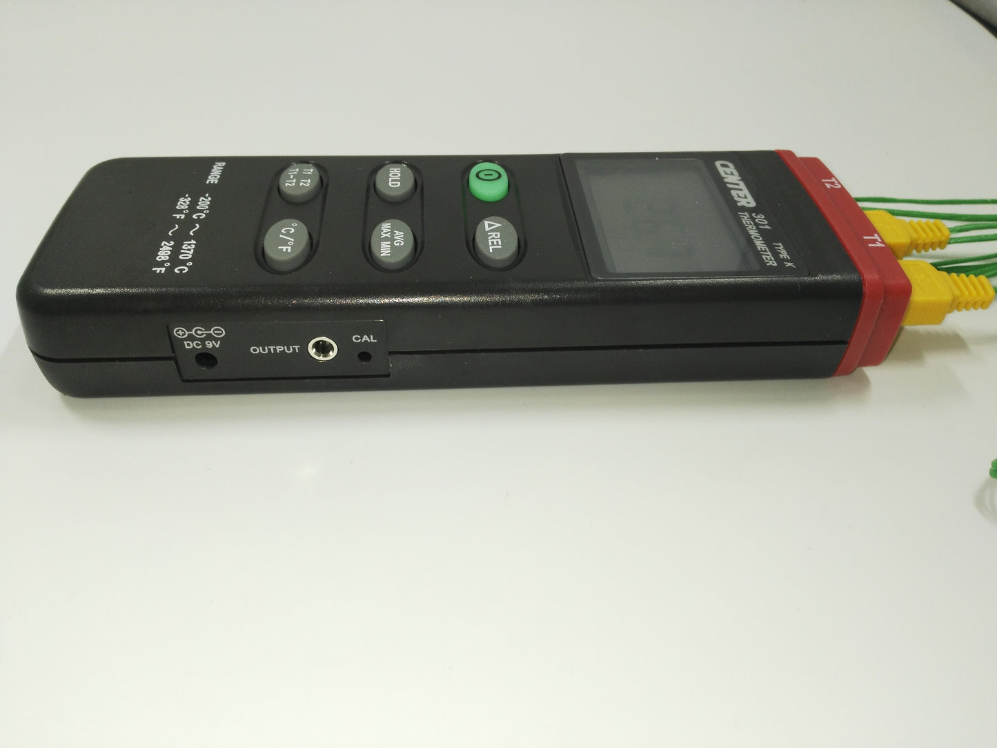 Side view of CENTER 301 thermometer showing T1 T2 inputs and 9V power port