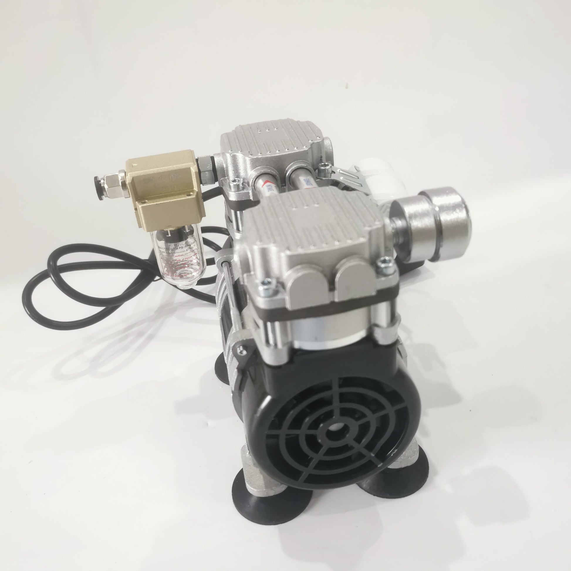Rear fan side of oil-free lab vacuum pump with filter and power cable