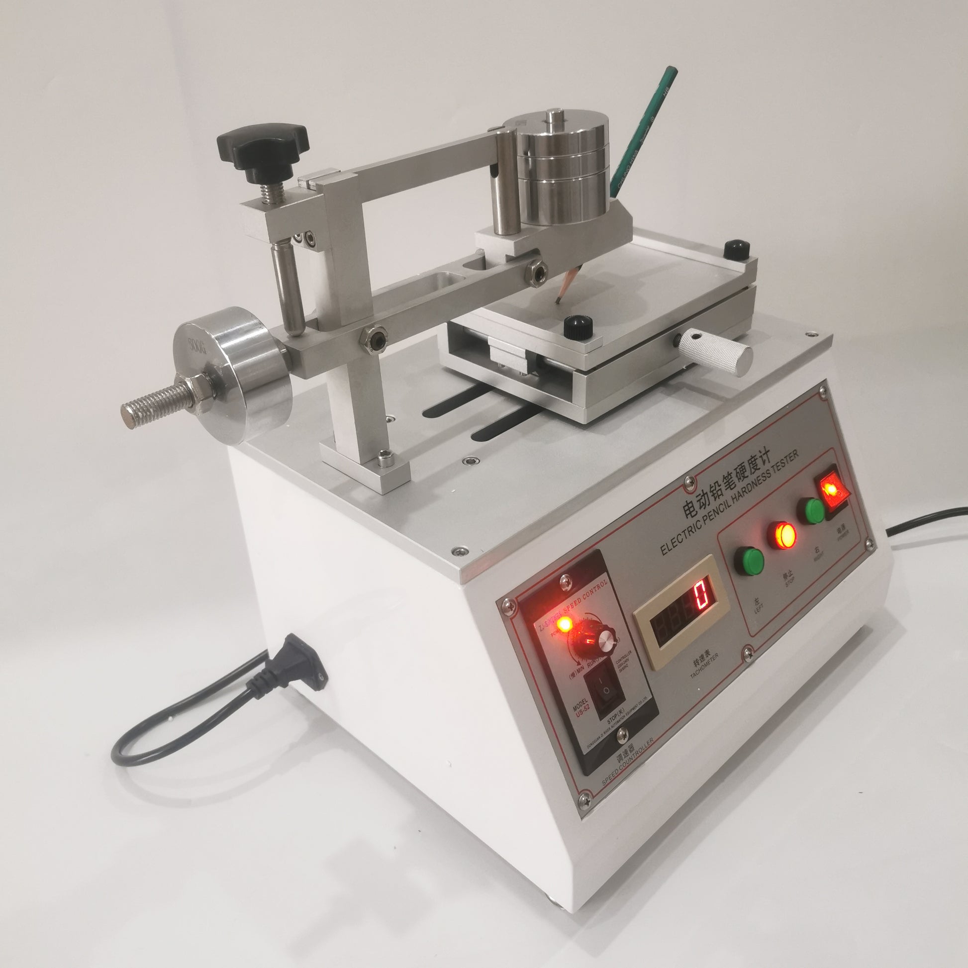 Electric pencil hardness tester side view with platform and power cord