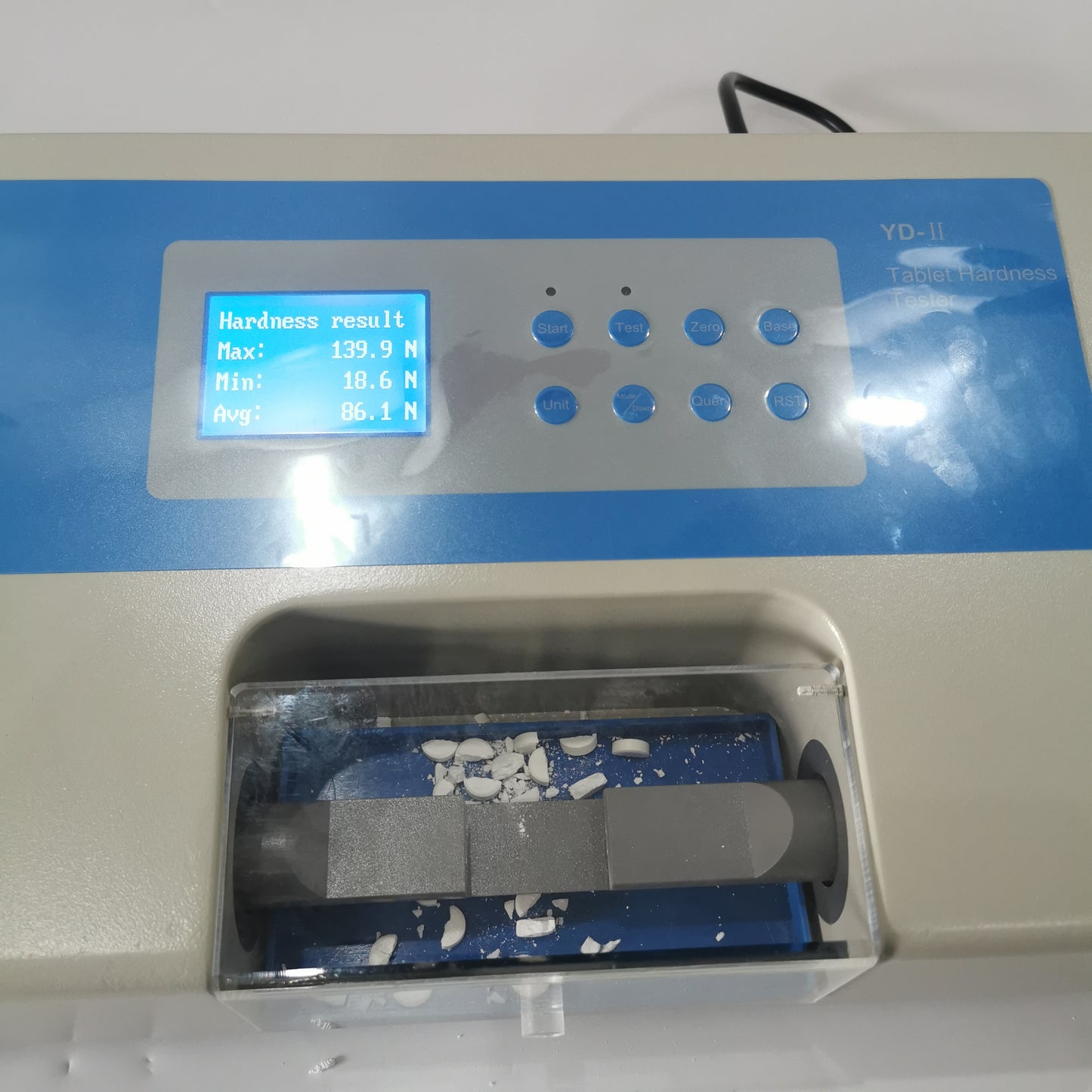 YD-II tablet hardness tester hardness result screen with Max Min Avg values