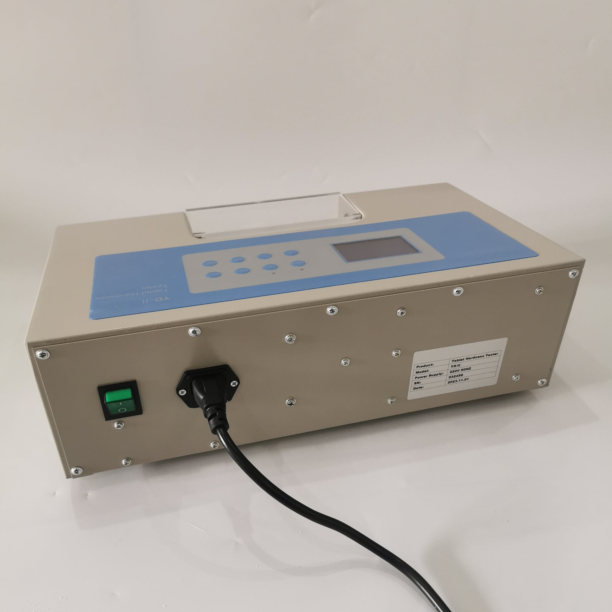 Rear label of YD-II tablet hardness tester showing 220V 50Hz power