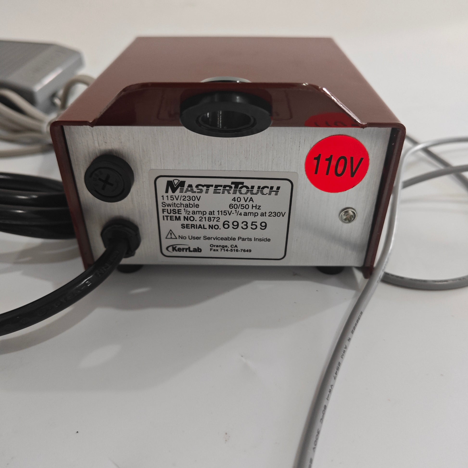 MasterTouch wax welder rear label showing 115V 230V switchable 40VA input
