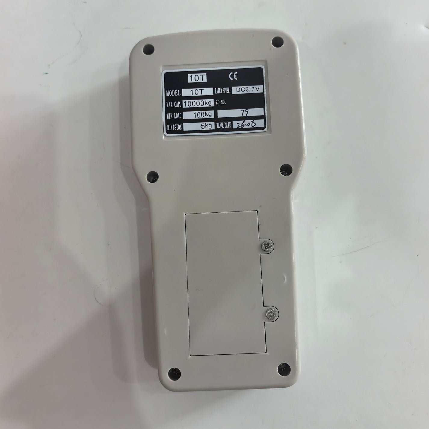 Back of wireless handheld display for 10T digital crane scale with model rating label