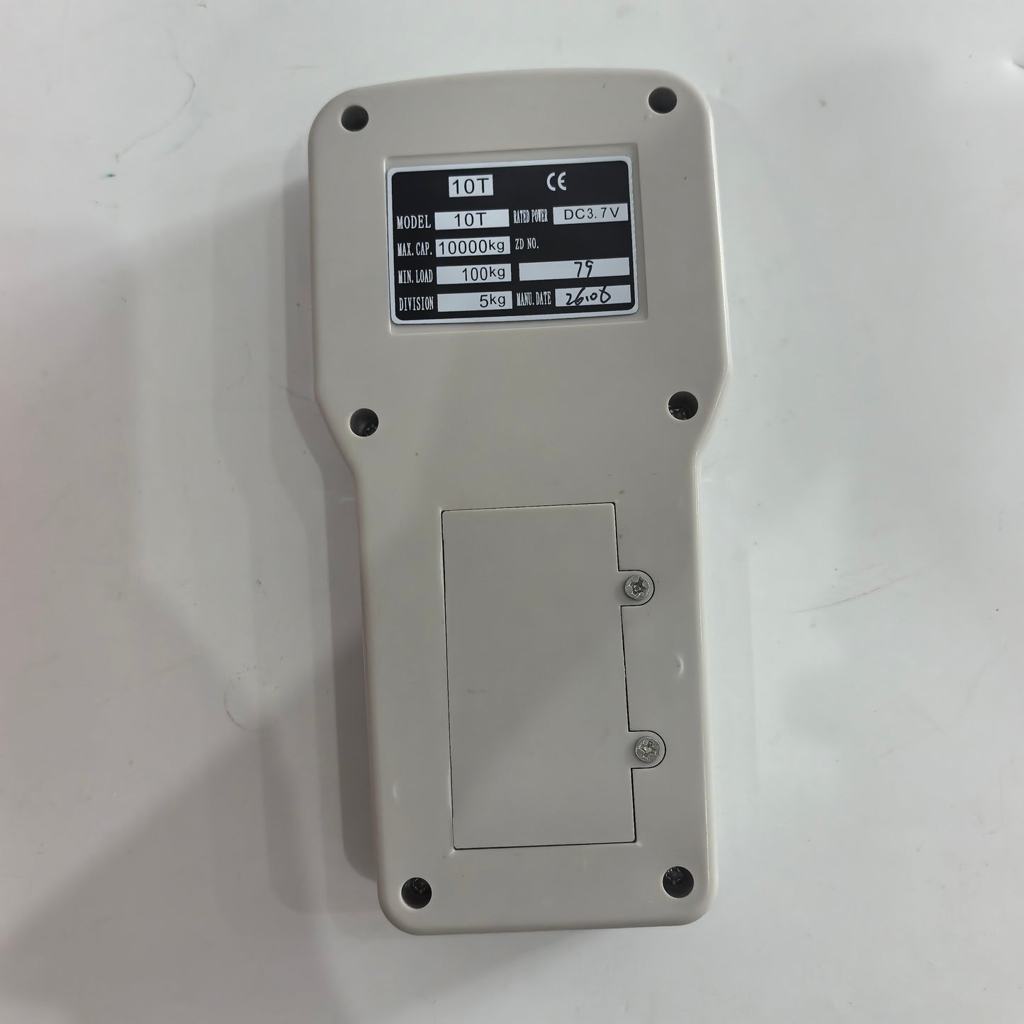Back of wireless handheld display for 10T digital crane scale with model rating label