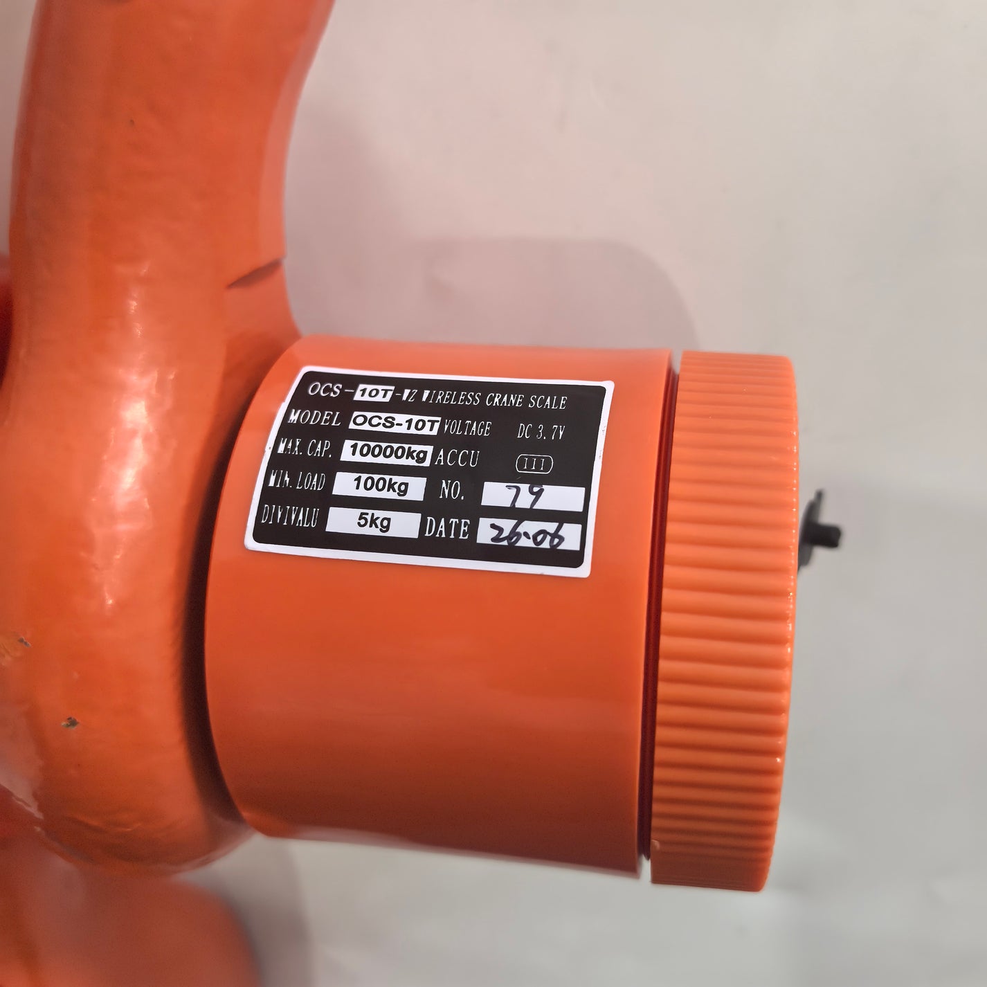 10T crane scale rating plate showing 10000kg capacity 100kg minimum load and 5kg division
