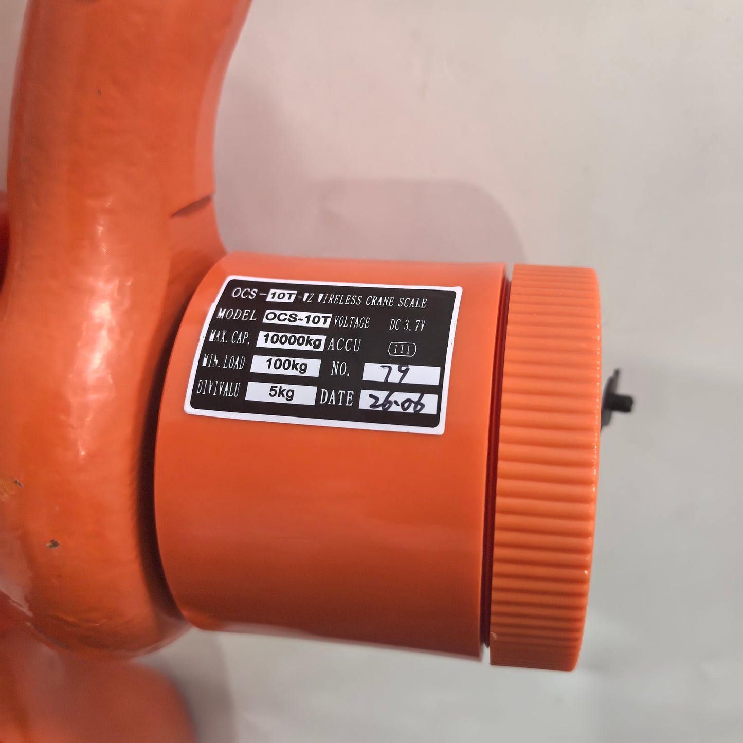 10T crane scale rating plate showing 10000kg capacity 100kg minimum load and 5kg division