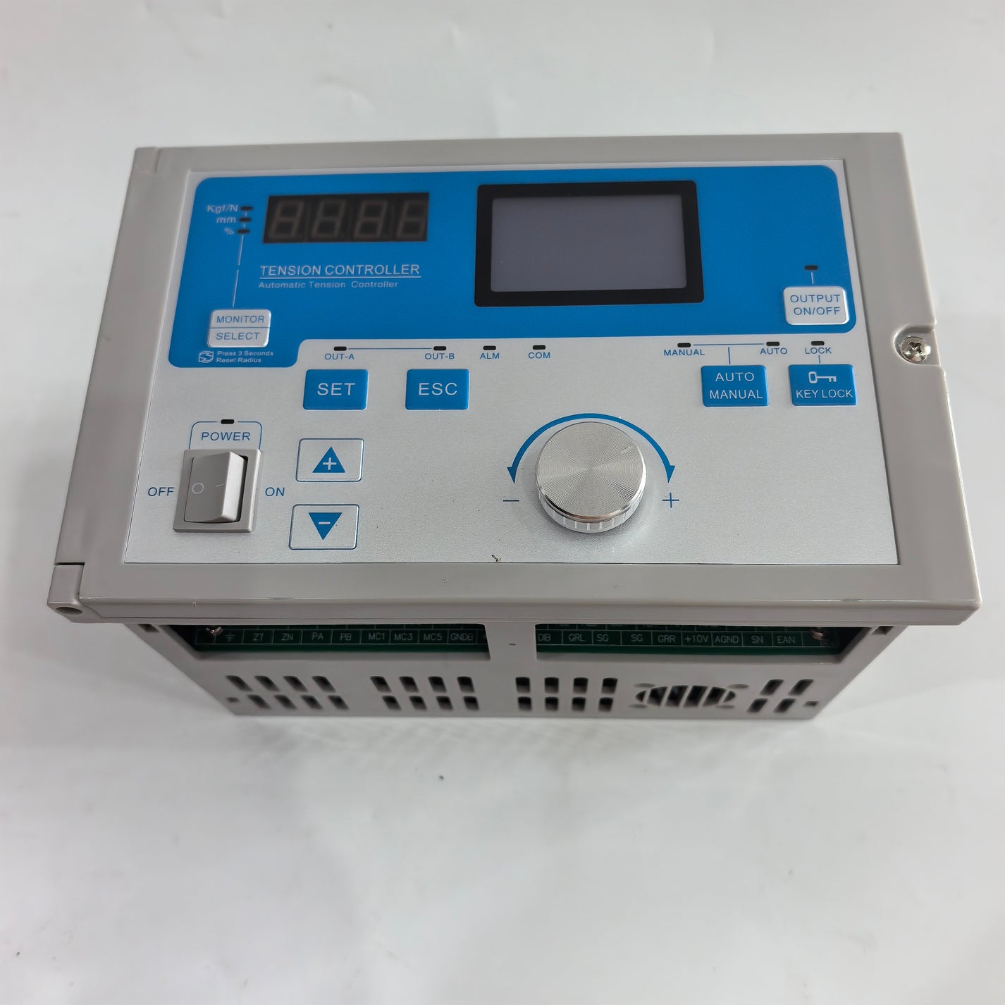 Front view of the FMF KTC828A automatic web tension controller with LCD and adjustment knob