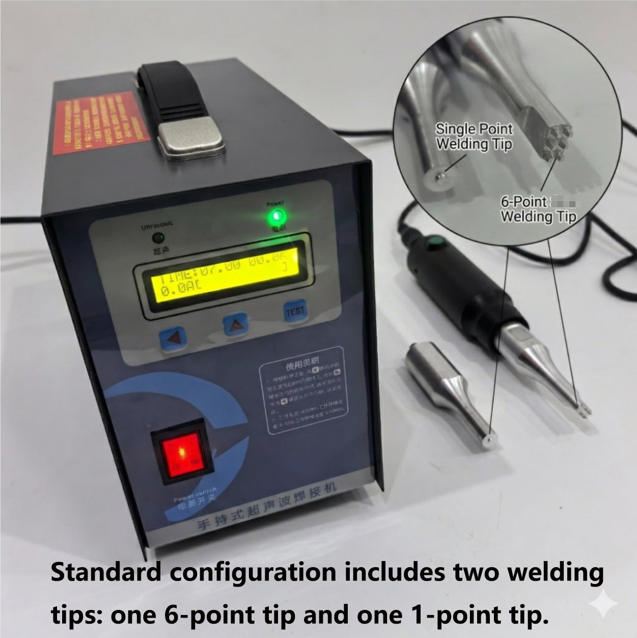 Handheld ultrasonic plastic spot welder control unit with welding gun