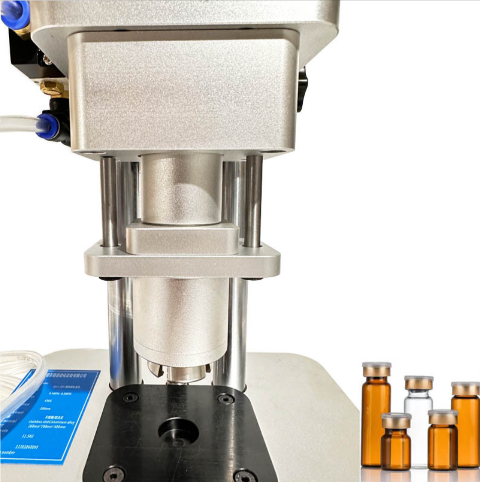 Pneumatic vial crimping head and base with sample vials