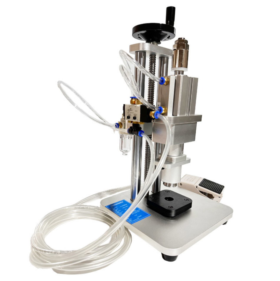 QERS-QD pneumatic vial crimper side view with air tubing and foot pedal