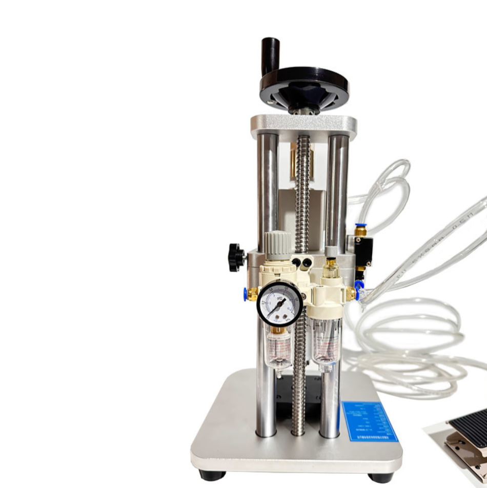 Pneumatic vial crimping machine rear view with air regulator and pressure gauge