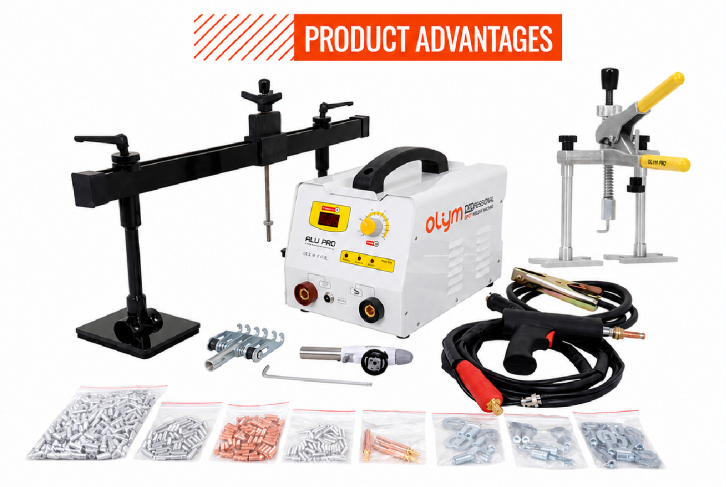 OLYM M15 aluminum body repair kit components with puller tools, welding gun and studs