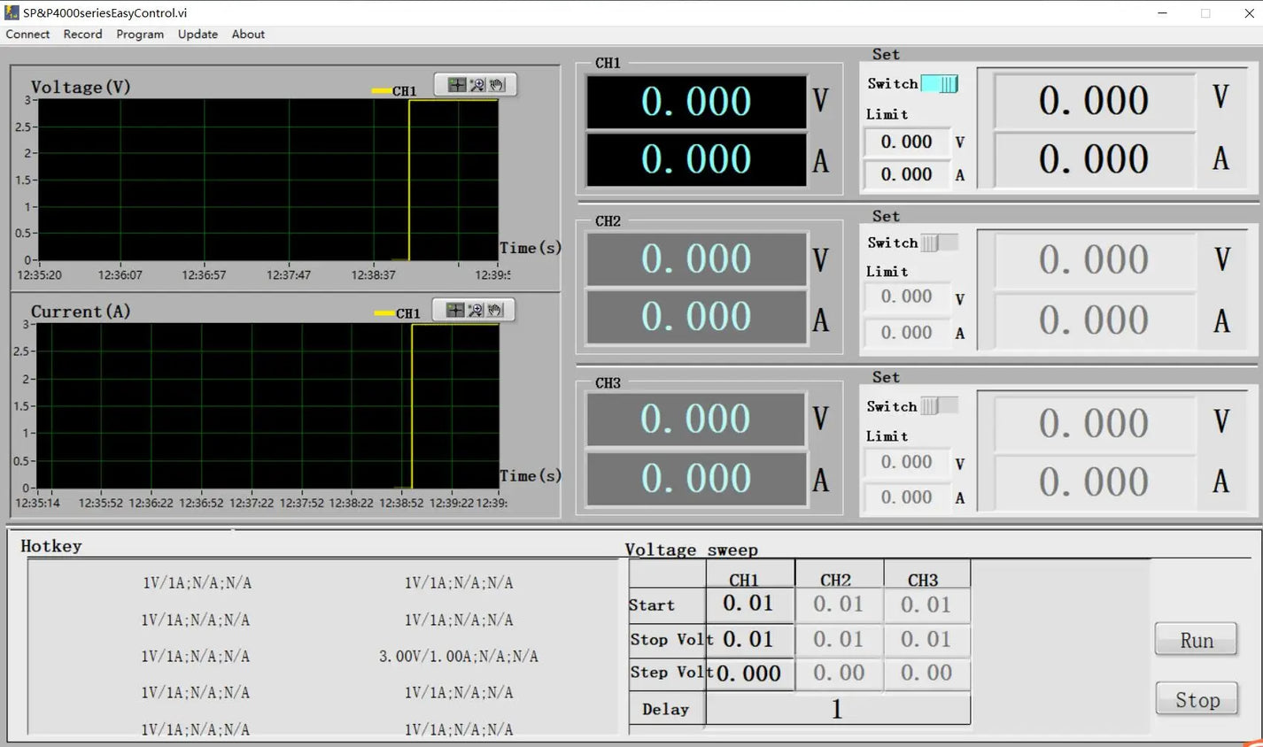 OWON ODP3033 PC control software interface for voltage sweep and data recording