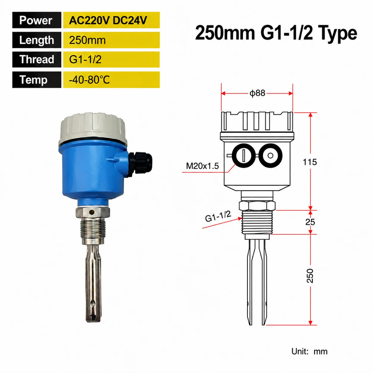 Tuning Fork Level Switch Vibrating Fork Liquid Level Sensor Point Level Detector DC24V product image 11