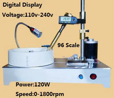 Gem polishing machine specification image showing 120W power and 0-1800 RPM speed