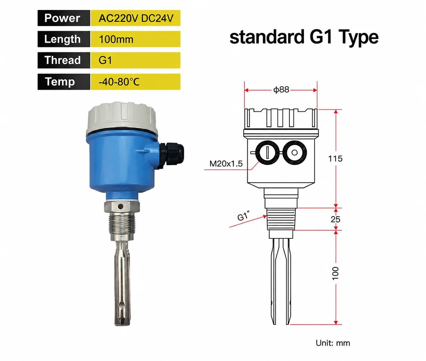 Tuning Fork Level Switch Vibrating Fork Liquid Level Sensor Point Level Detector DC24V product image 6