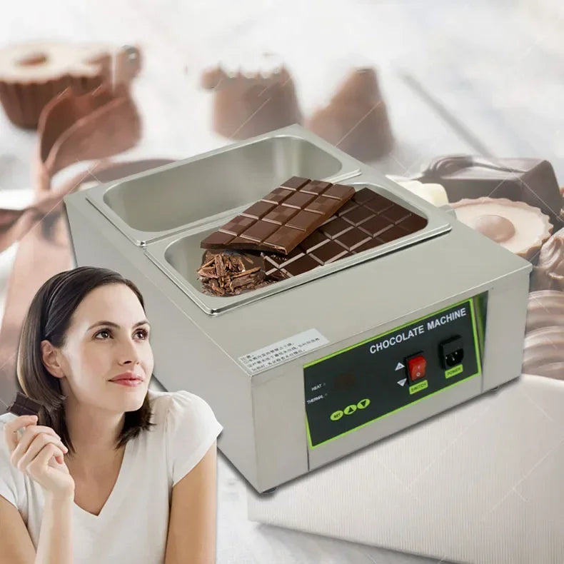 Lifestyle view of chocolate melting machine with chocolate bars in pans