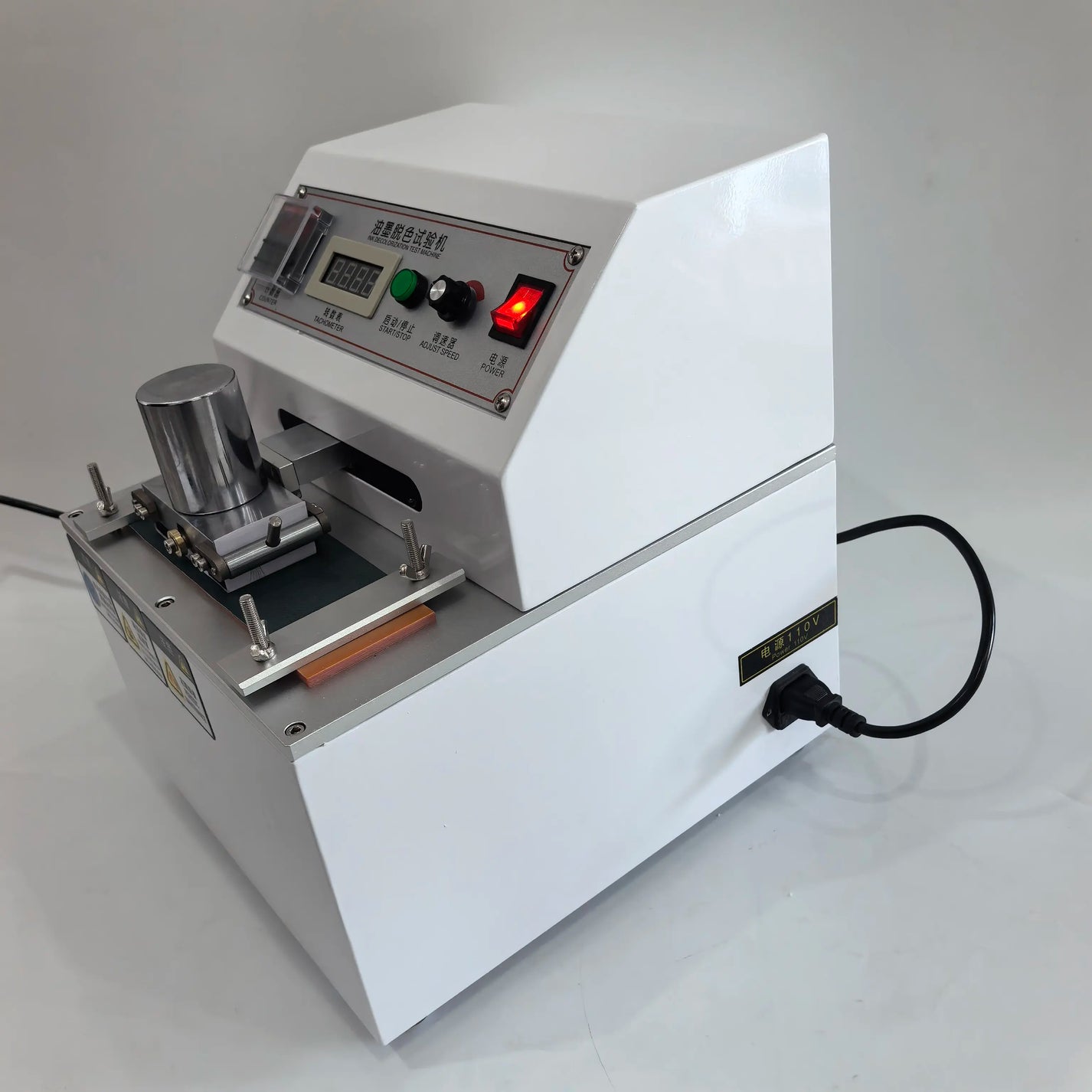 110V ink rub tester side view with sample clamping and friction platform