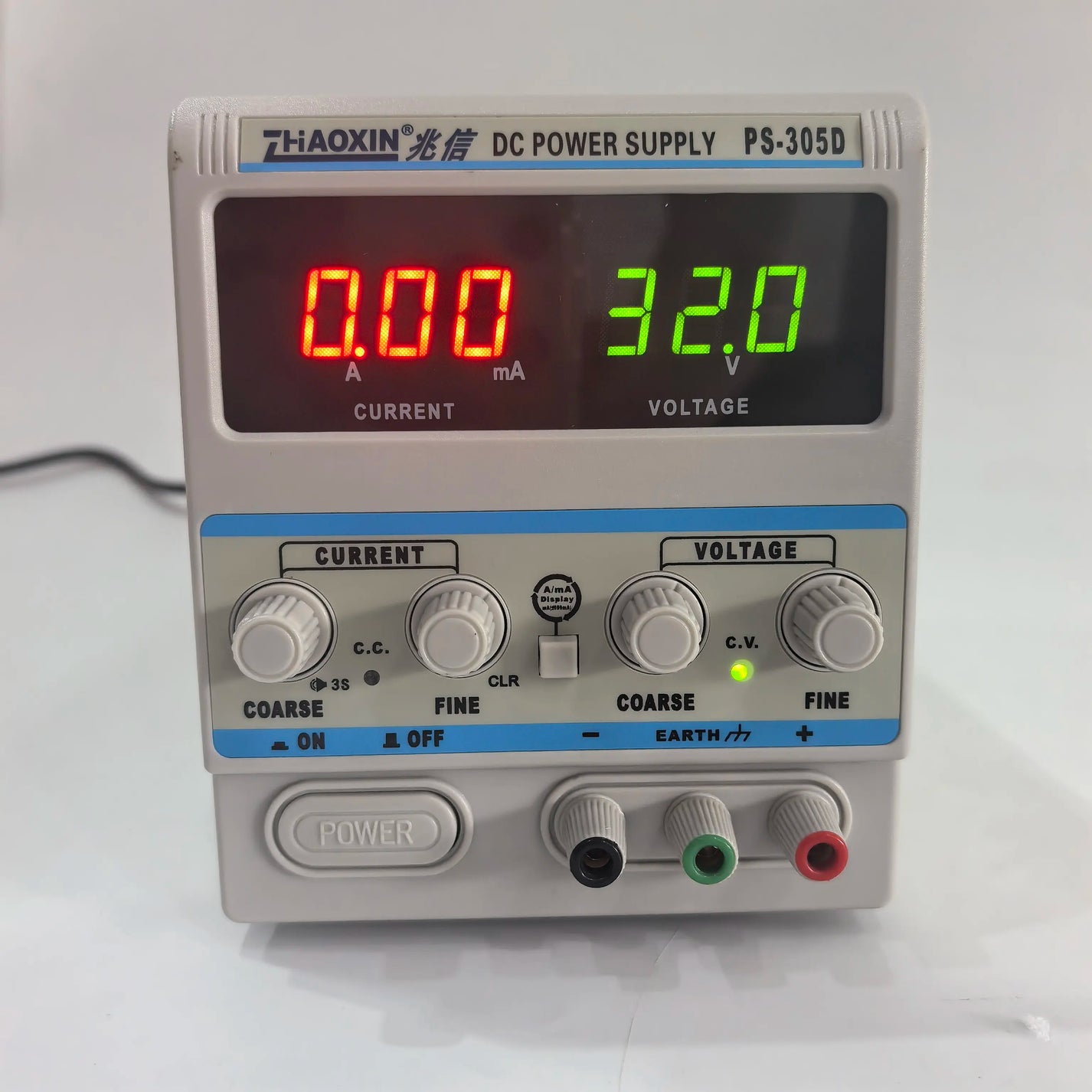 Close-up of PS-305D LED display with CV CC controls and output terminals