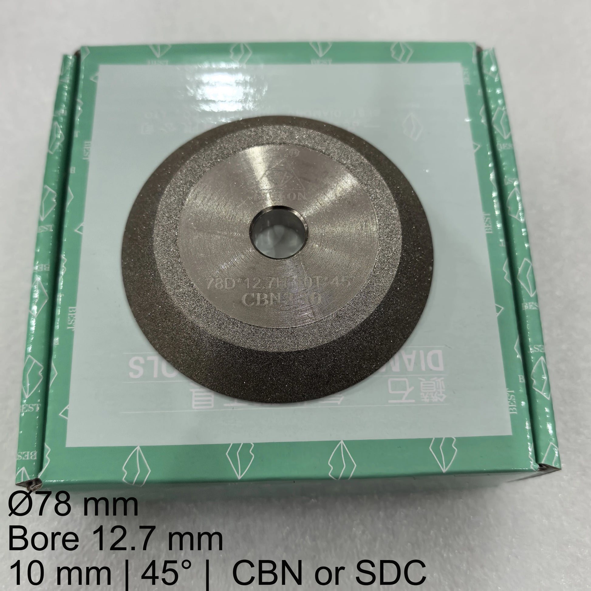 78mm 45 degree CBN SDC grinding wheel 12.7mm arbor main view