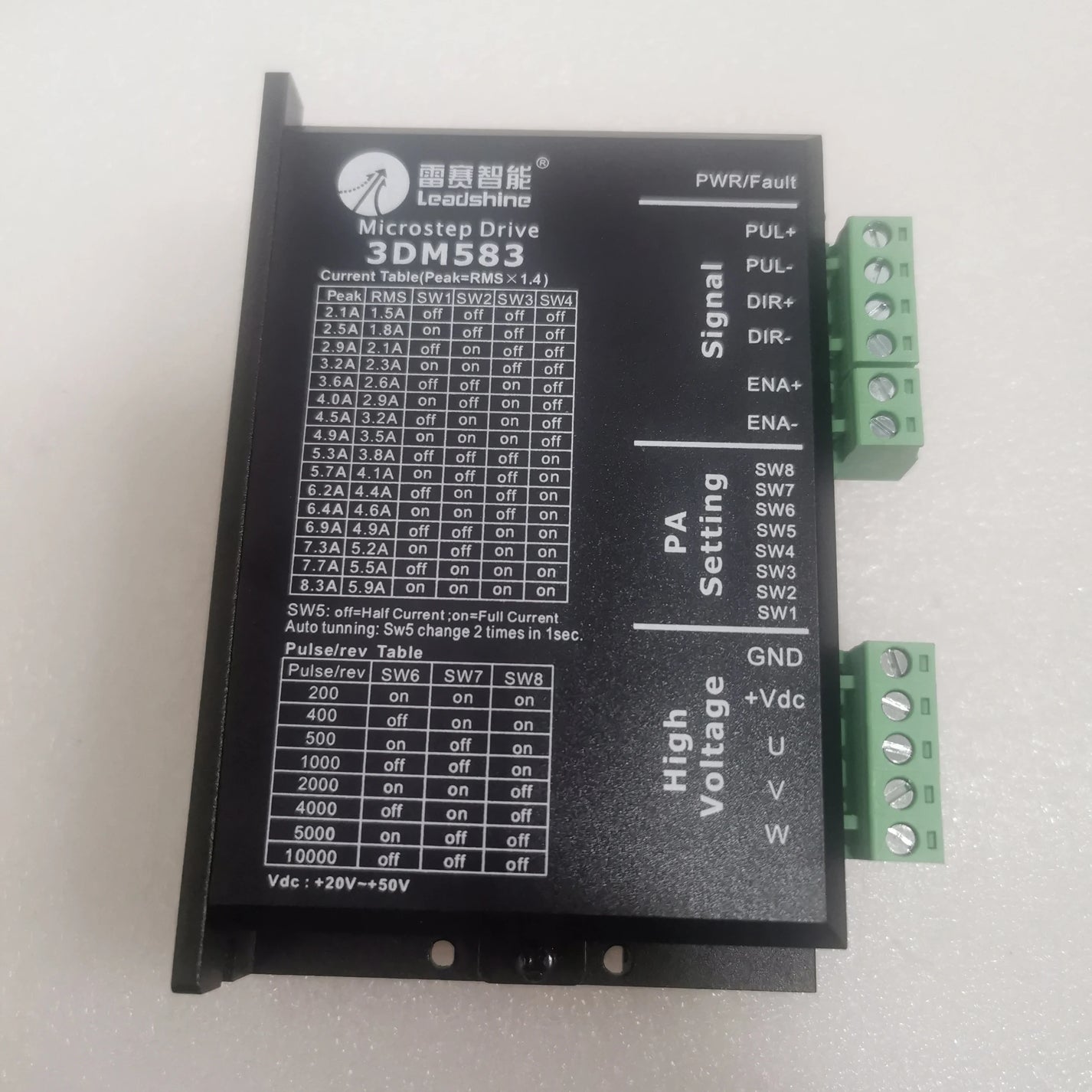 Leadshine 3DM583 label with 2.1-8.3A current and 200-10000 pulse per revolution settings