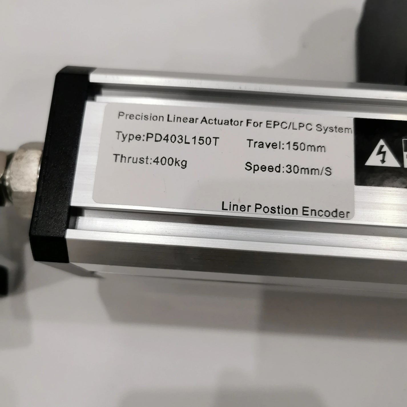 PD403L150T actuator label with 400kg thrust 150mm travel and 30mm per second speed