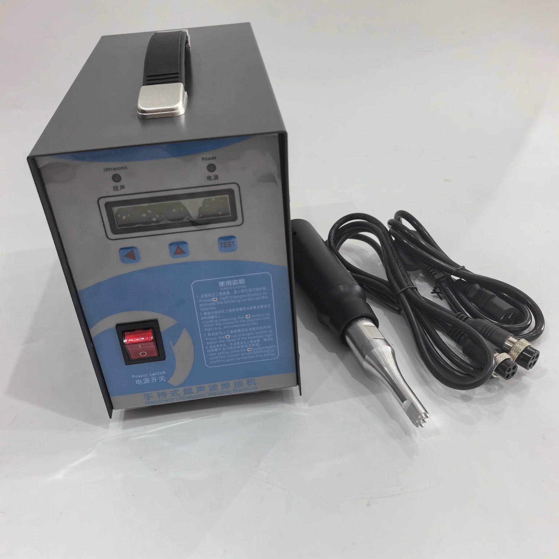 Handheld ultrasonic plastic welding machine with control box, gun and power cable