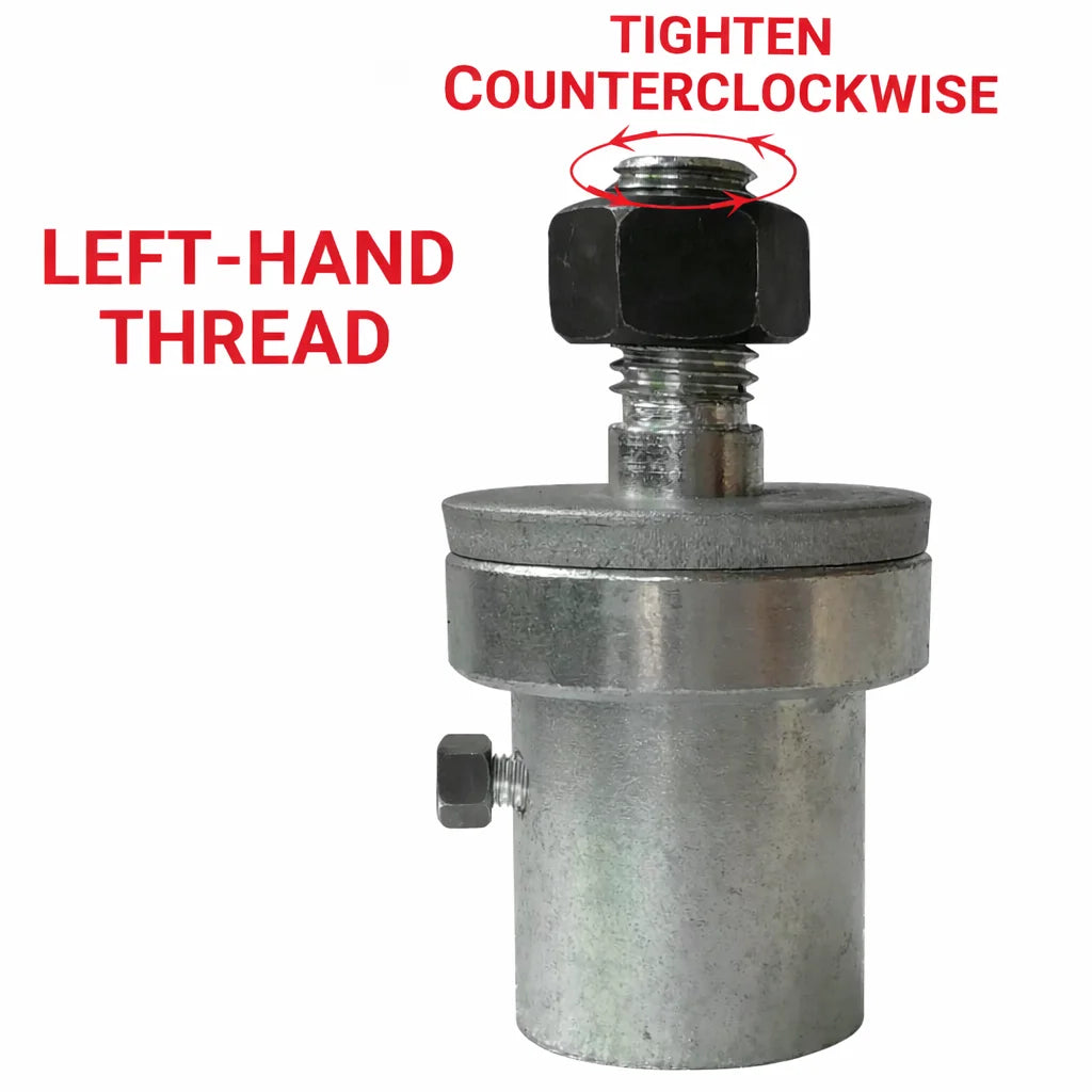 Left-hand thread lapidary shaft adapter, tightens counterclockwise