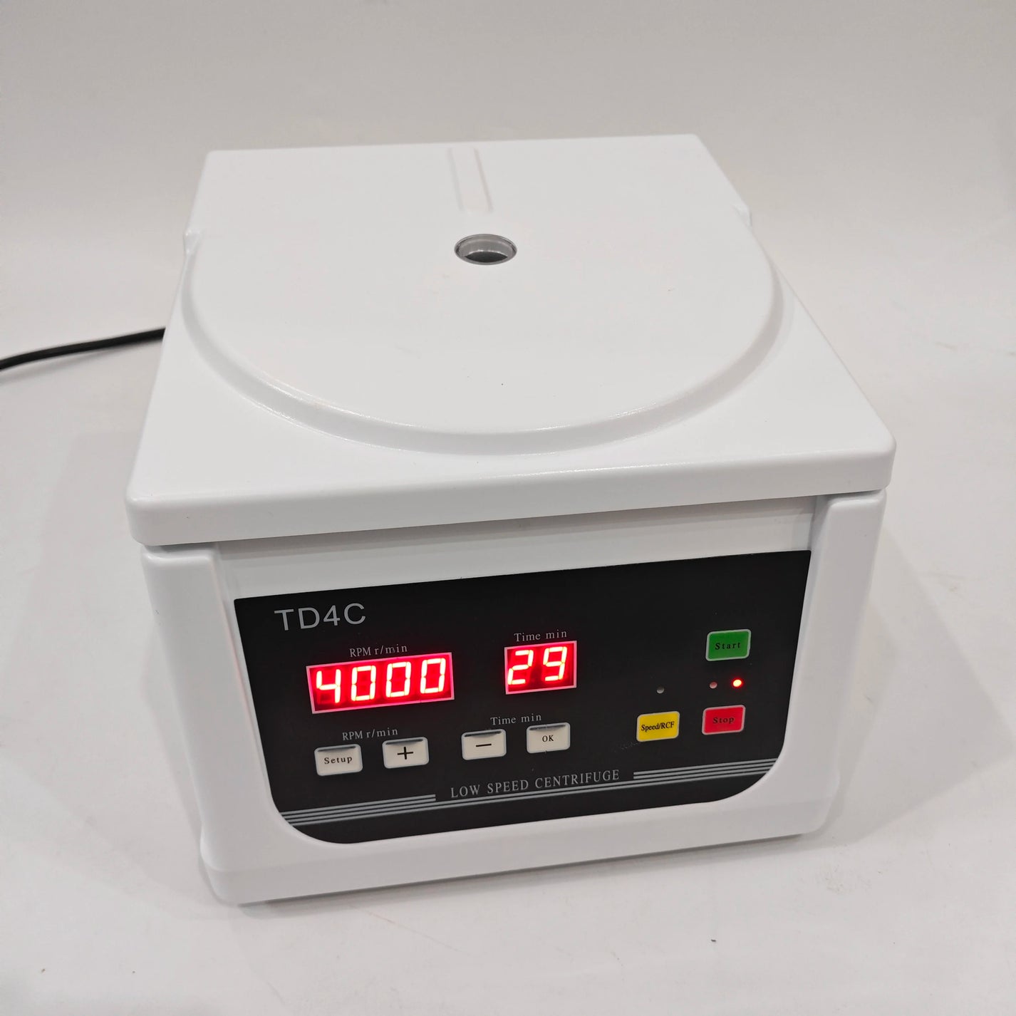 TD4C low speed centrifuge front panel with RPM time Speed RCF Start and Stop controls