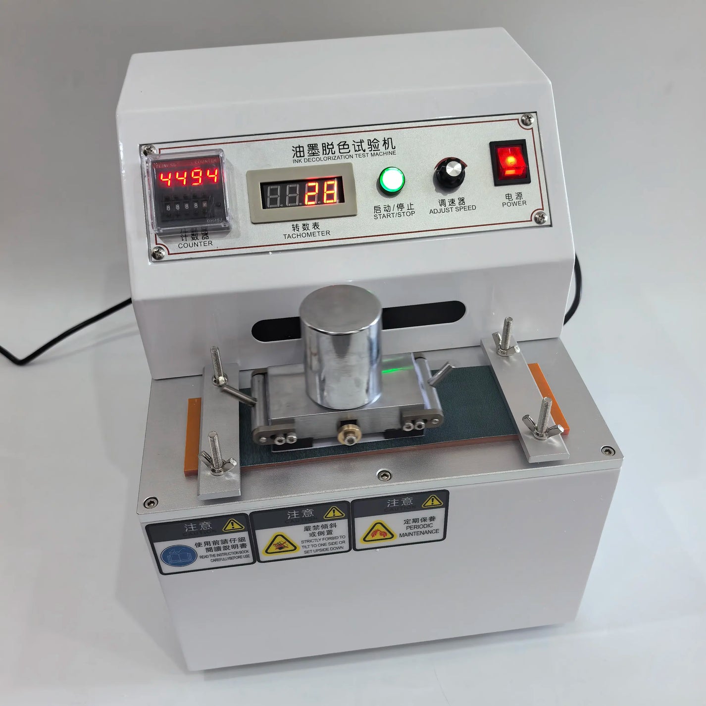 Ink rub tester with counter tachometer and adjust speed control panel