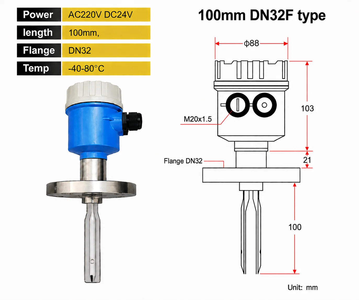 Tuning Fork Level Switch Vibrating Fork Liquid Level Sensor Point Level Detector DC24V product image 10