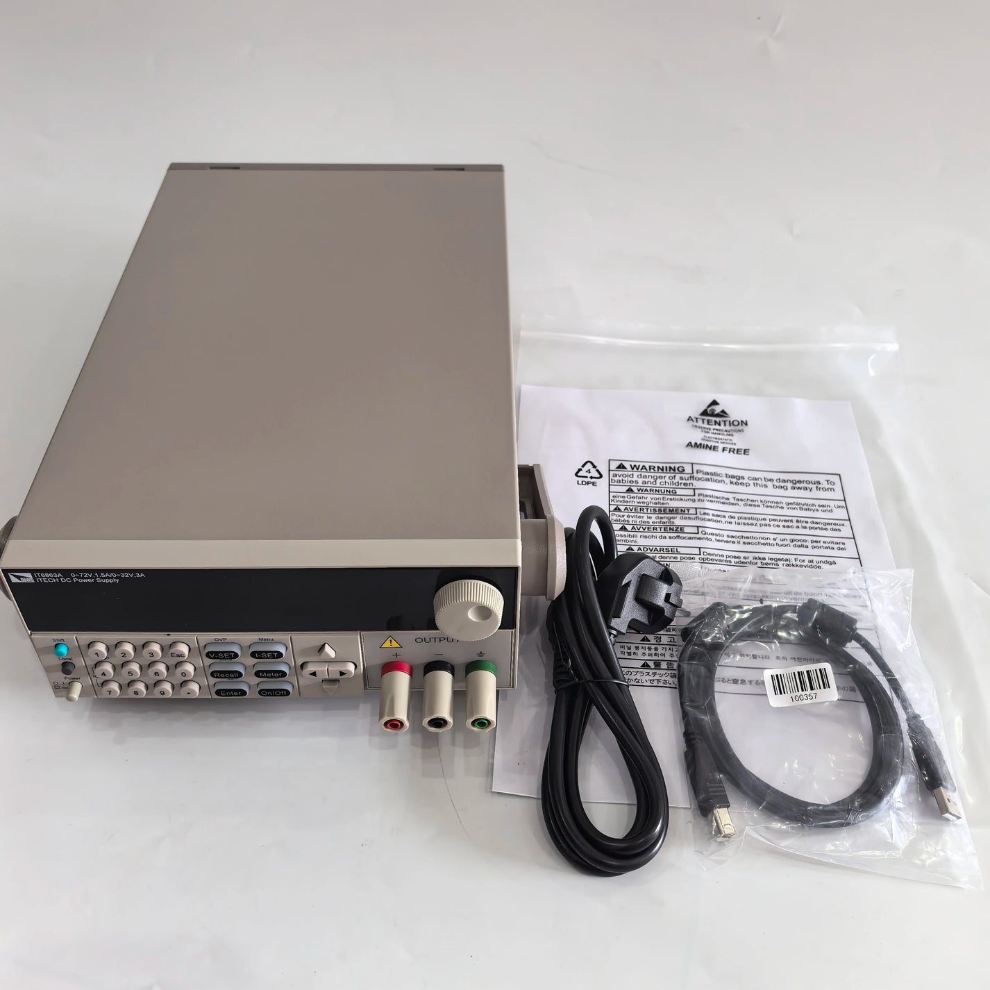 ITECH IT6863A DC bench power supply with power cord and USB cable shown
