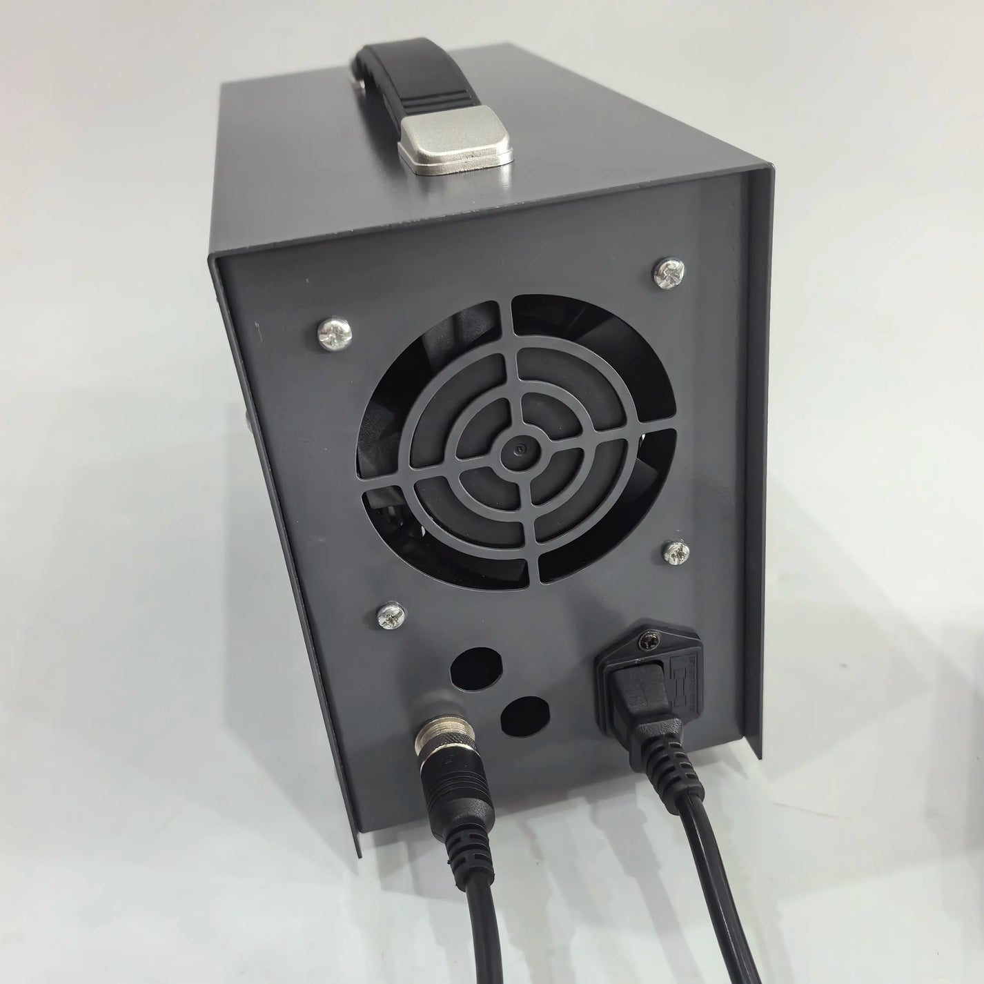 Rear panel of 28kHz ultrasonic spot welder with cooling fan and cable ports