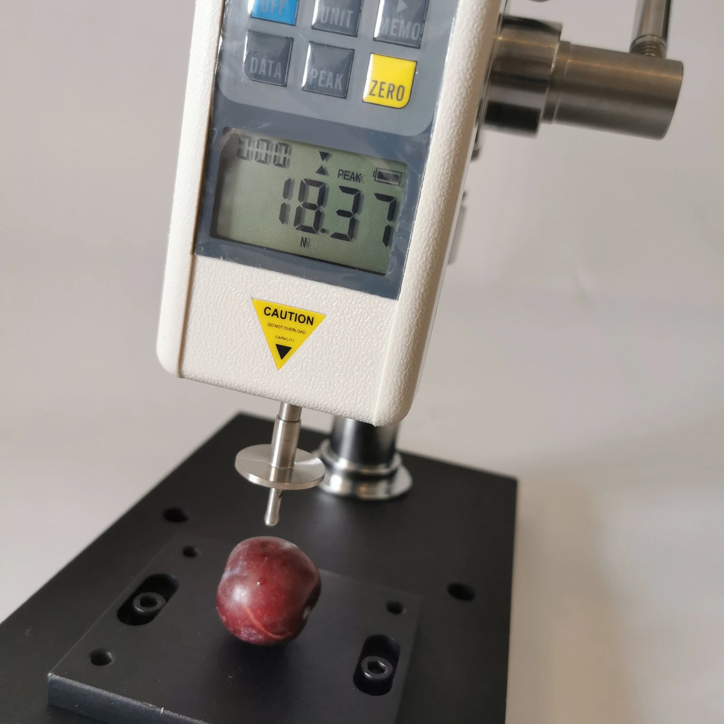 GY-4 digital fruit hardness tester display showing Newton reading during fruit test