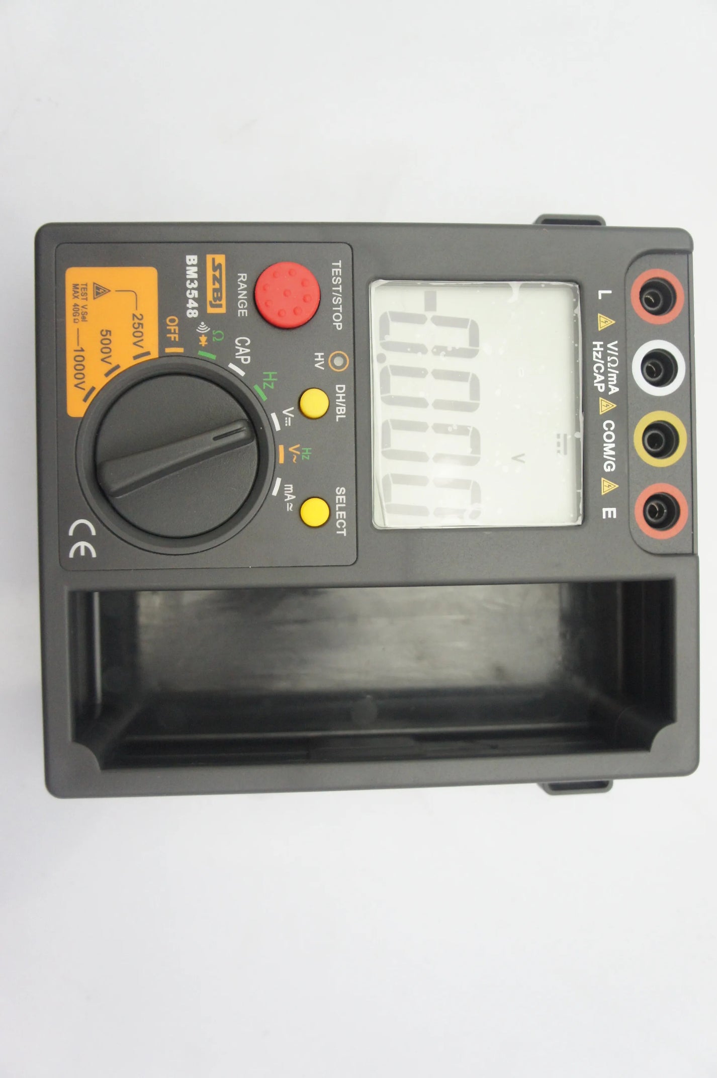 SZBJ BM3548 insulation tester multimeter showing rotary selector and L COM E terminals