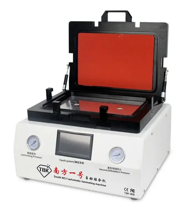 Open TBK-808 OCA LCD vacuum laminating machine with touchscreen and pressure gauges