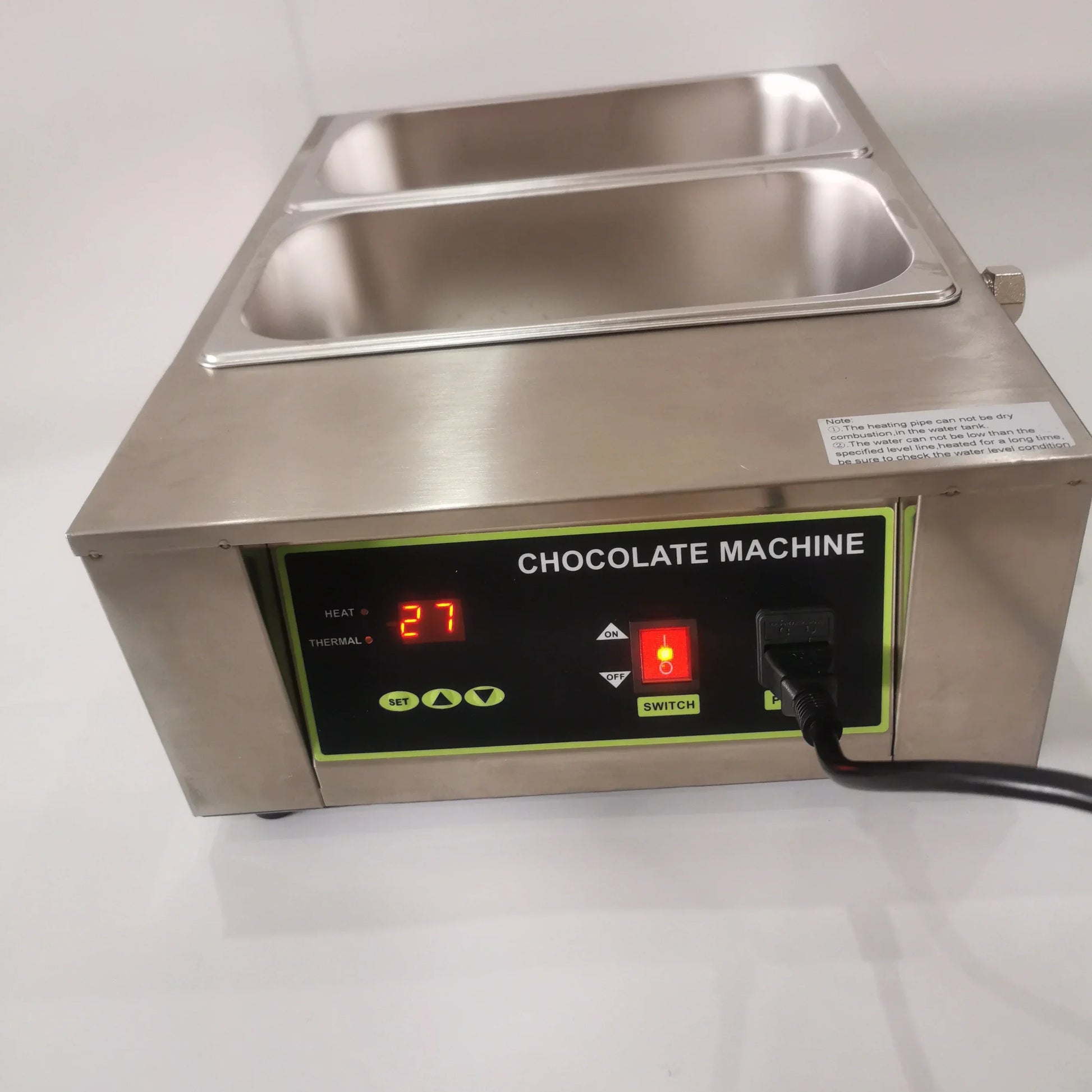 2-tank chocolate melter with stainless steel water bath pans
