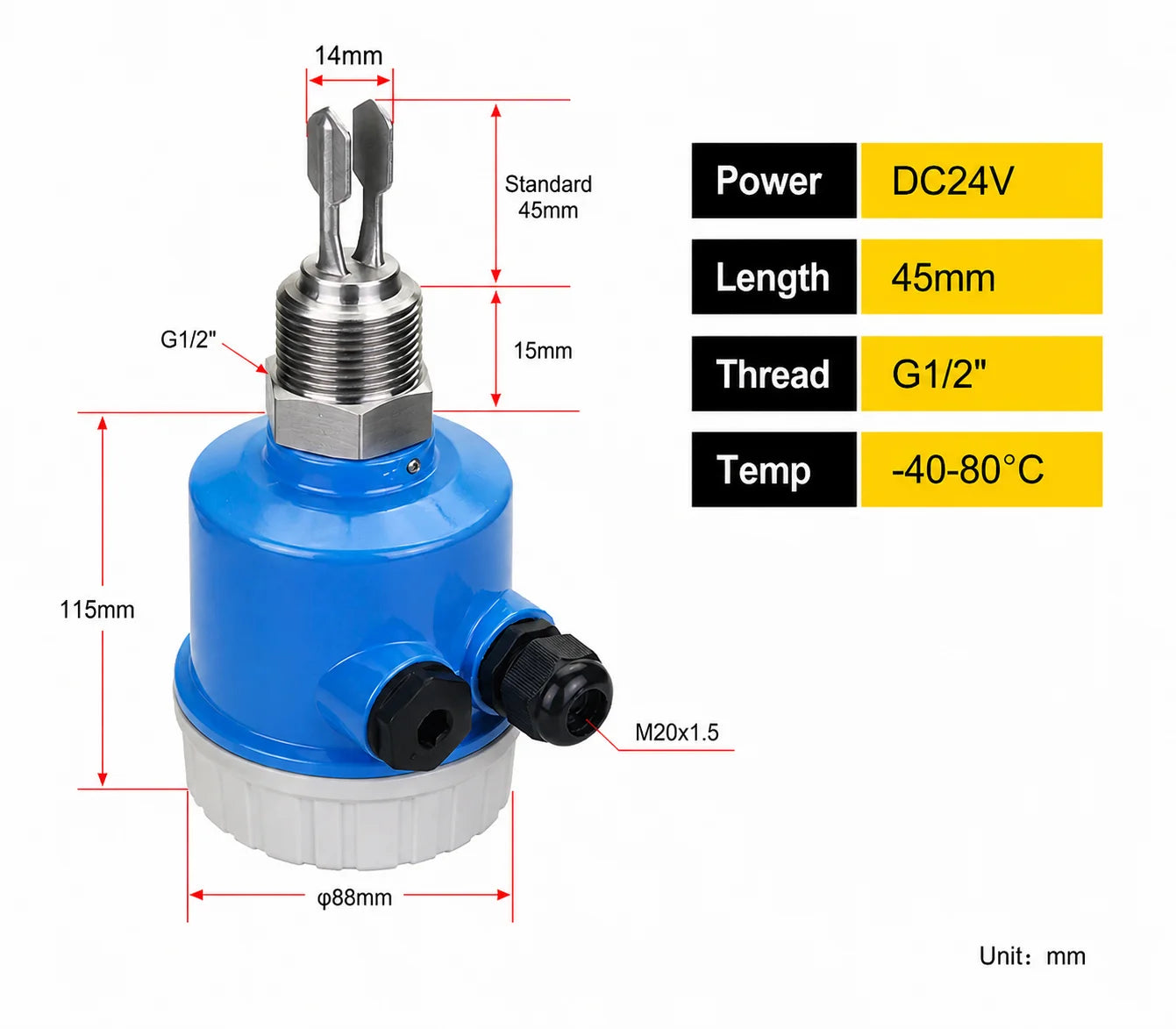 Tuning Fork Level Switch Vibrating Fork Liquid Level Sensor Point Level Detector DC24V product image 12